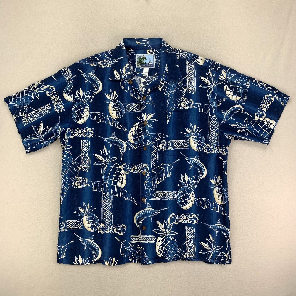 AFTCO Bluewater Camp Shirt Mens Blue Pineapple Swordfish‎ AOP Aloha USA Rayon